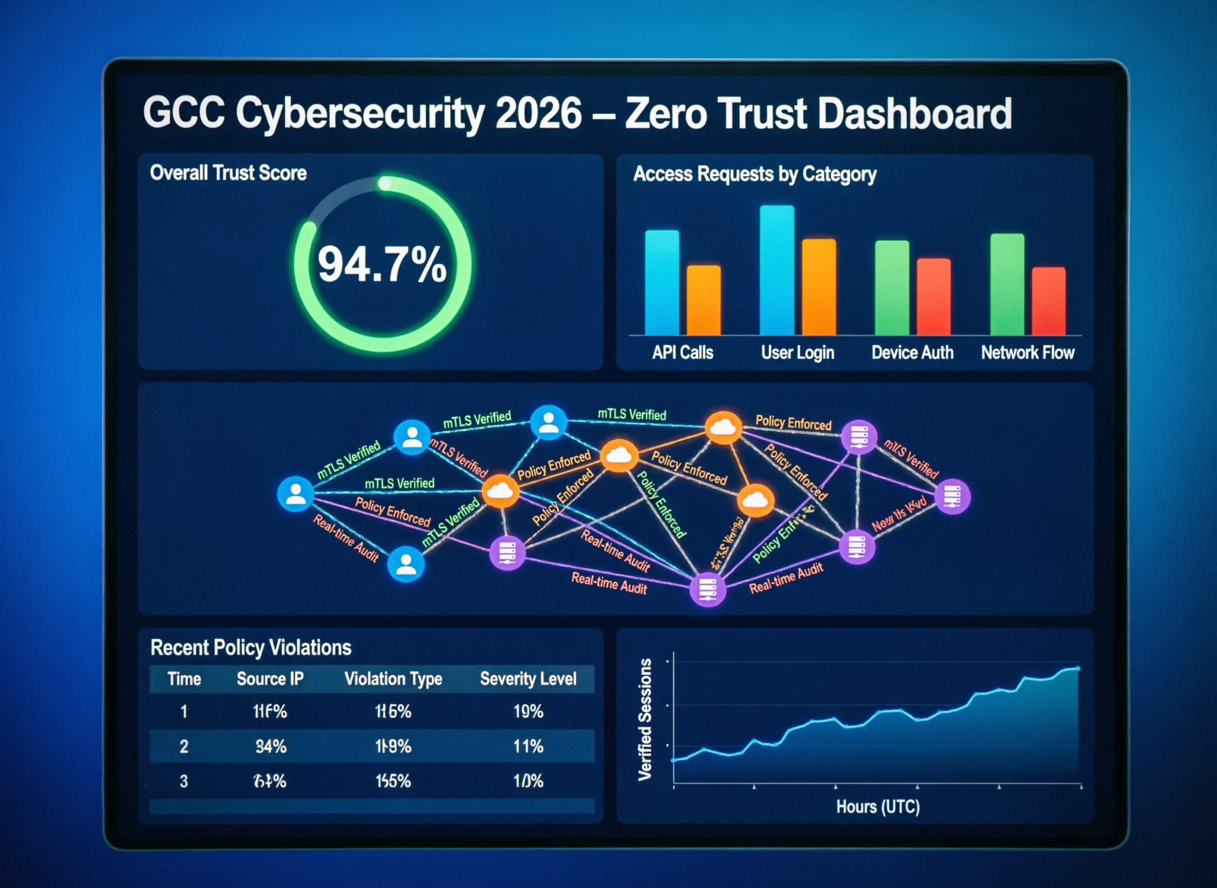 Executive dashboard visualizing GCC cybersecurity Zero Trust posture in 2026