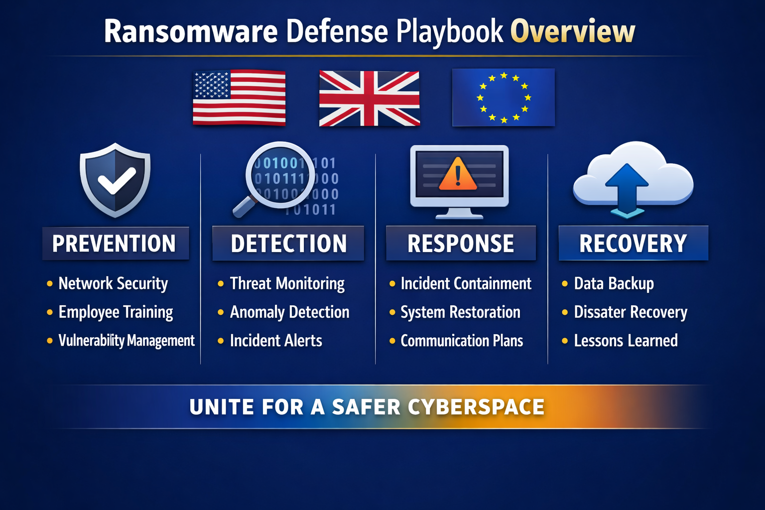 Diagram of a ransomware defense playbook showing backups,