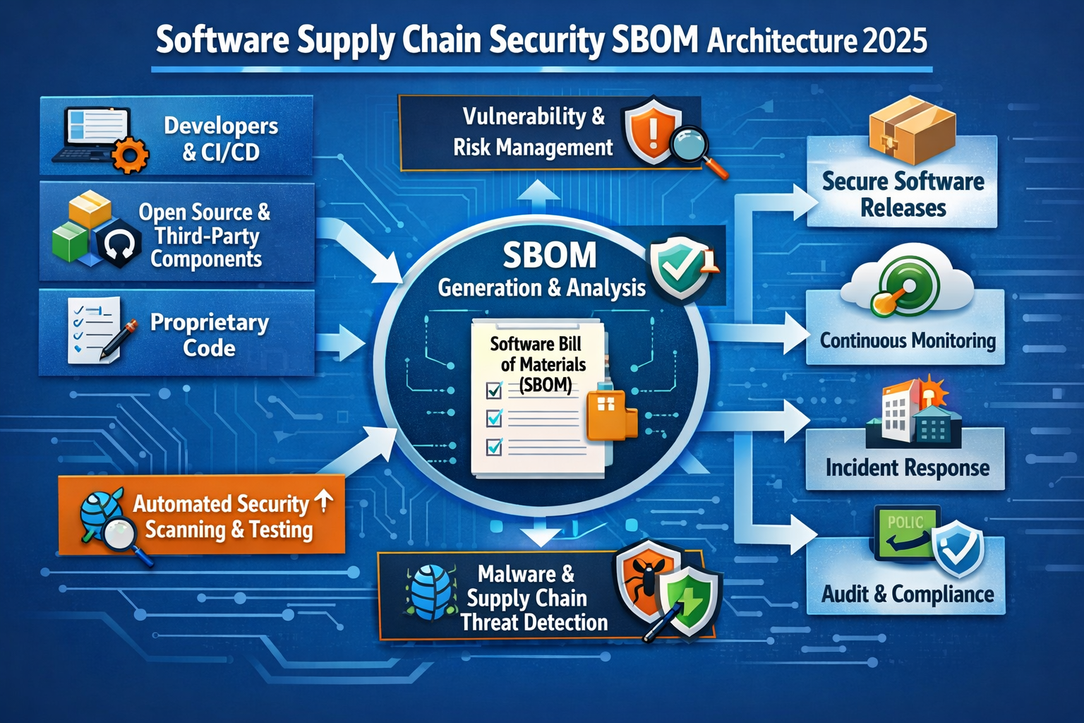 High-level diagram of software supply chain security with SBOMs across code, CI/CD and cloud