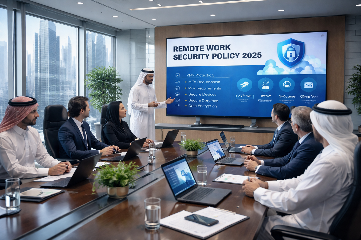 Board reviewing remote work security policy for KSA, UAE and Qatar teams