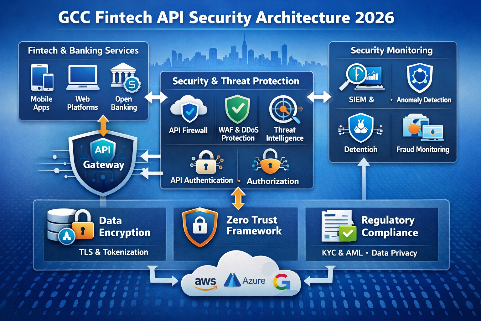 GCC fintech API security architecture with gateway, WAF, bot defense and fraud engine