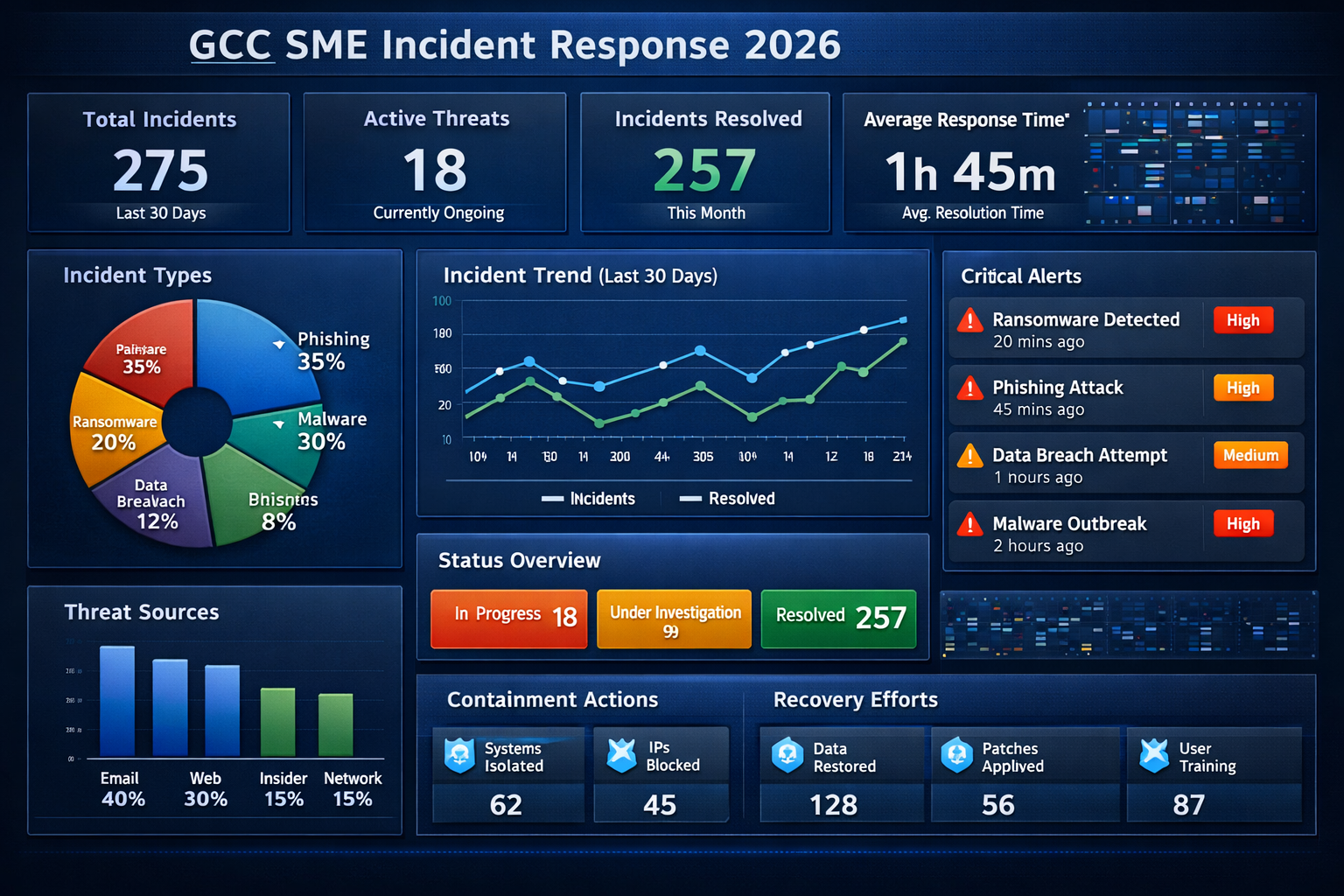 Dashboard illustration of a 2026 incident response plan for SMEs in the GCC