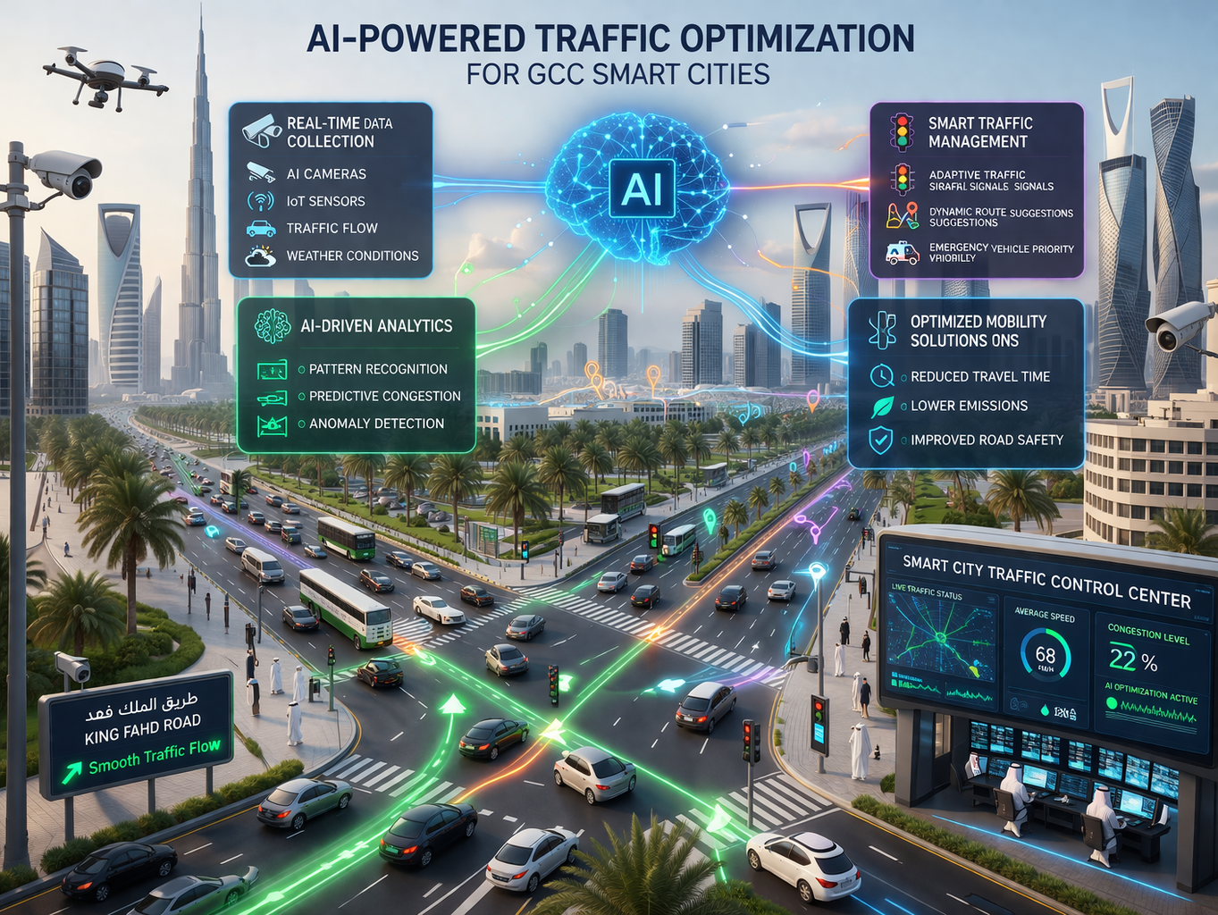 AI traffic optimization dashboard for GCC smart cities in Riyadh, Dubai, and Doha