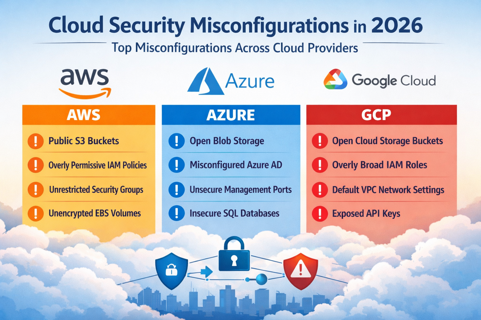 Cloud security misconfigurations across AWS, Azure, and GCP in a multi-cloud dashboard