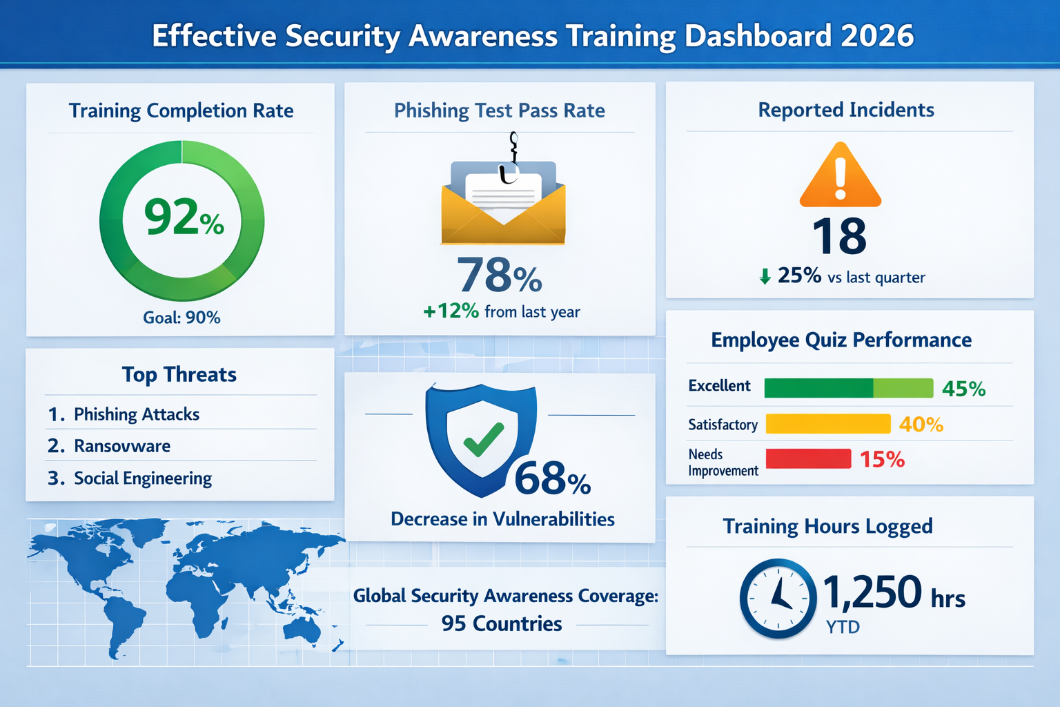 Dashboard showing metrics for an effective security awareness training program across US, UK and Germany.