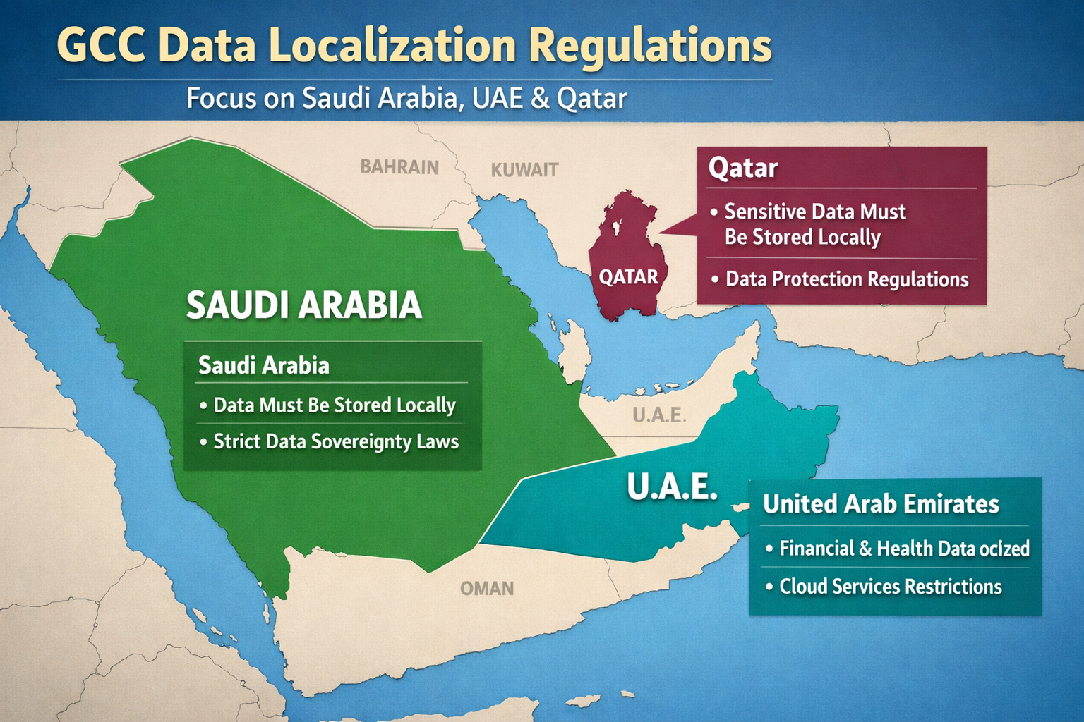 Map showing GCC data localization requirements across KSA, UAE and Qatar for cloud workloads