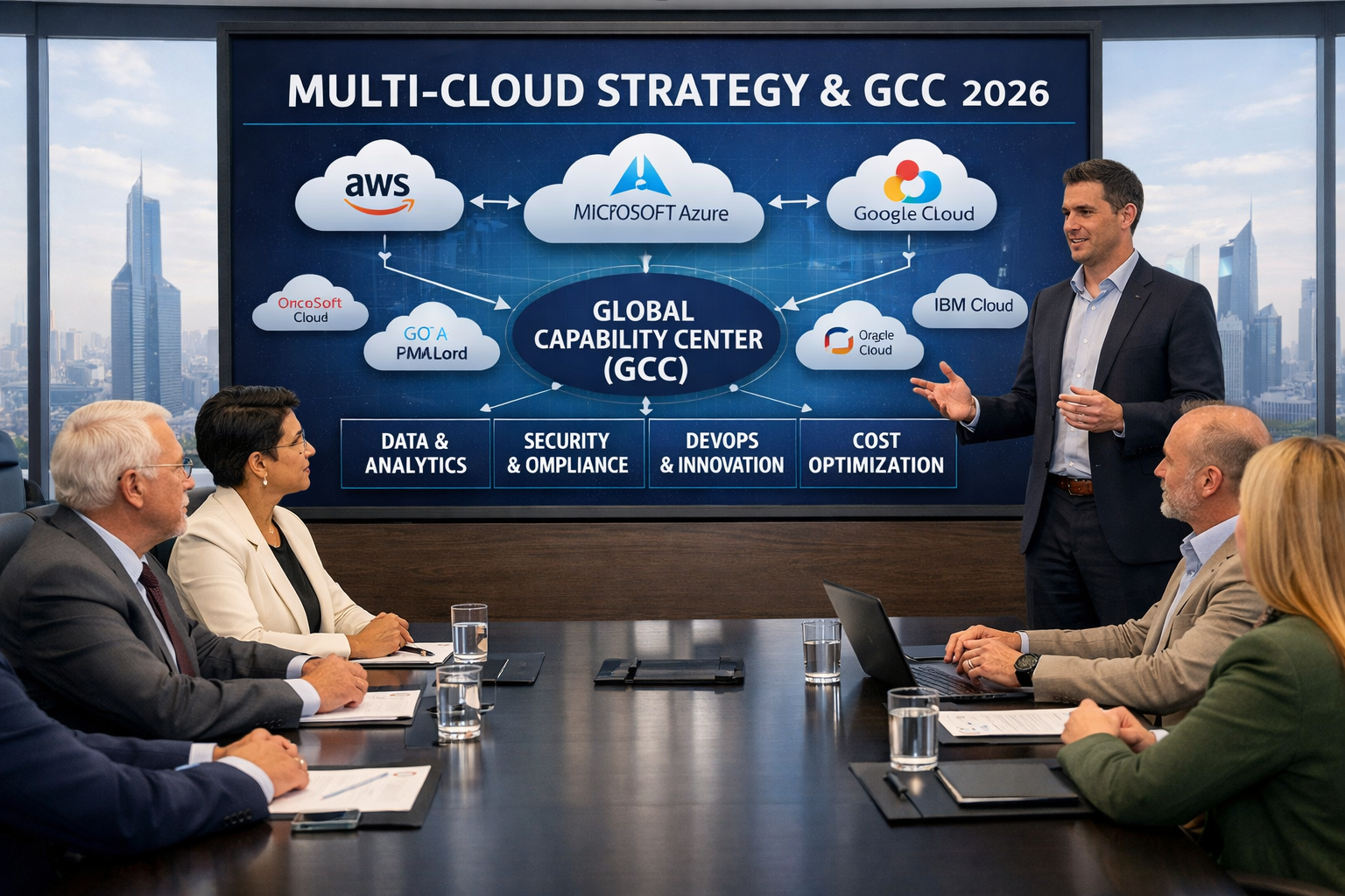 GCC CIOs discussing multi cloud strategy for KSA, UAE and Qatar in a modern boardroom