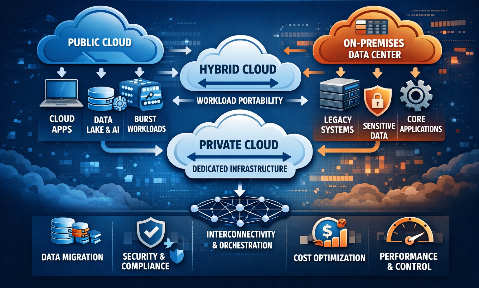 Hybrid cloud repatriation strategy diagram showing workloads moving from public cloud to on-prem and colocation