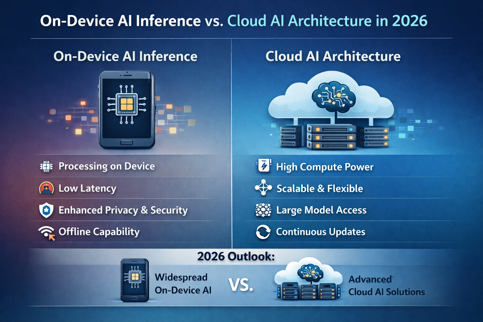 Diagram of on-device AI inference vs cloud architecture for 2026 enterprises