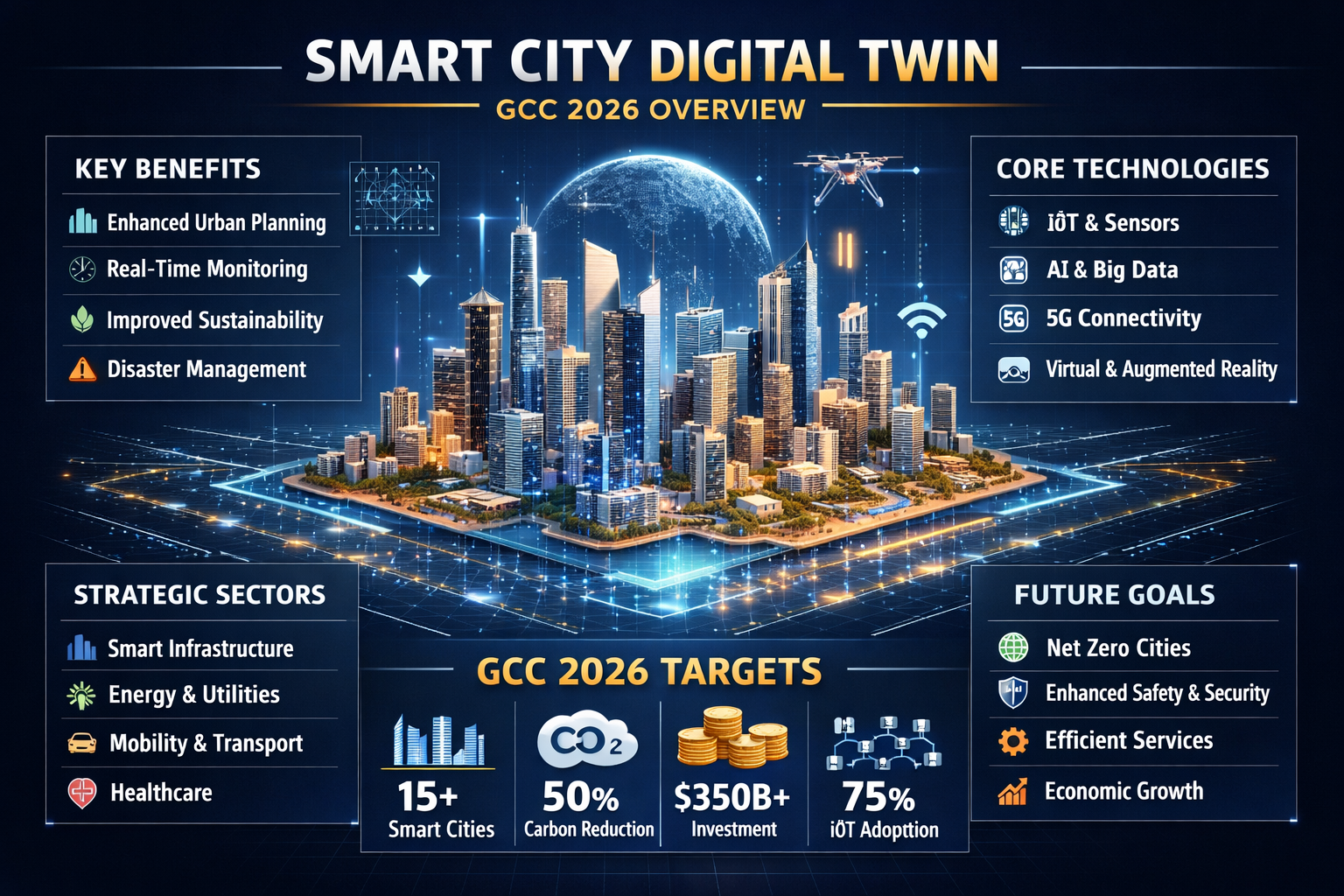 Smart city digital twin in GCC 2026 showing Saudi UAE and Qatar urban operations