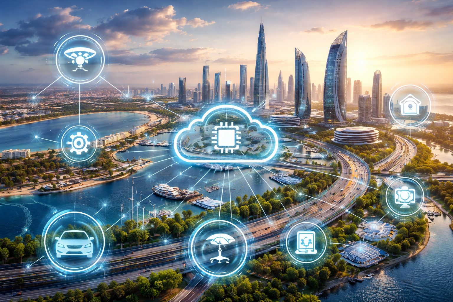 Edge AI smart city architecture for Saudi UAE and Qatar showing cameras gateways and command centers