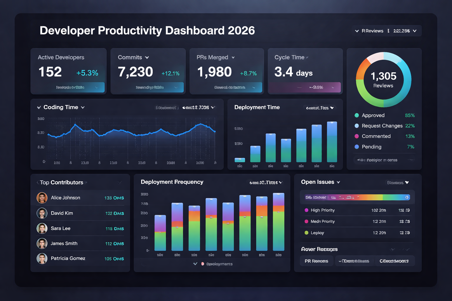 : Developer productivity metrics dashboard showing DORA, quality, and DevEx metrics