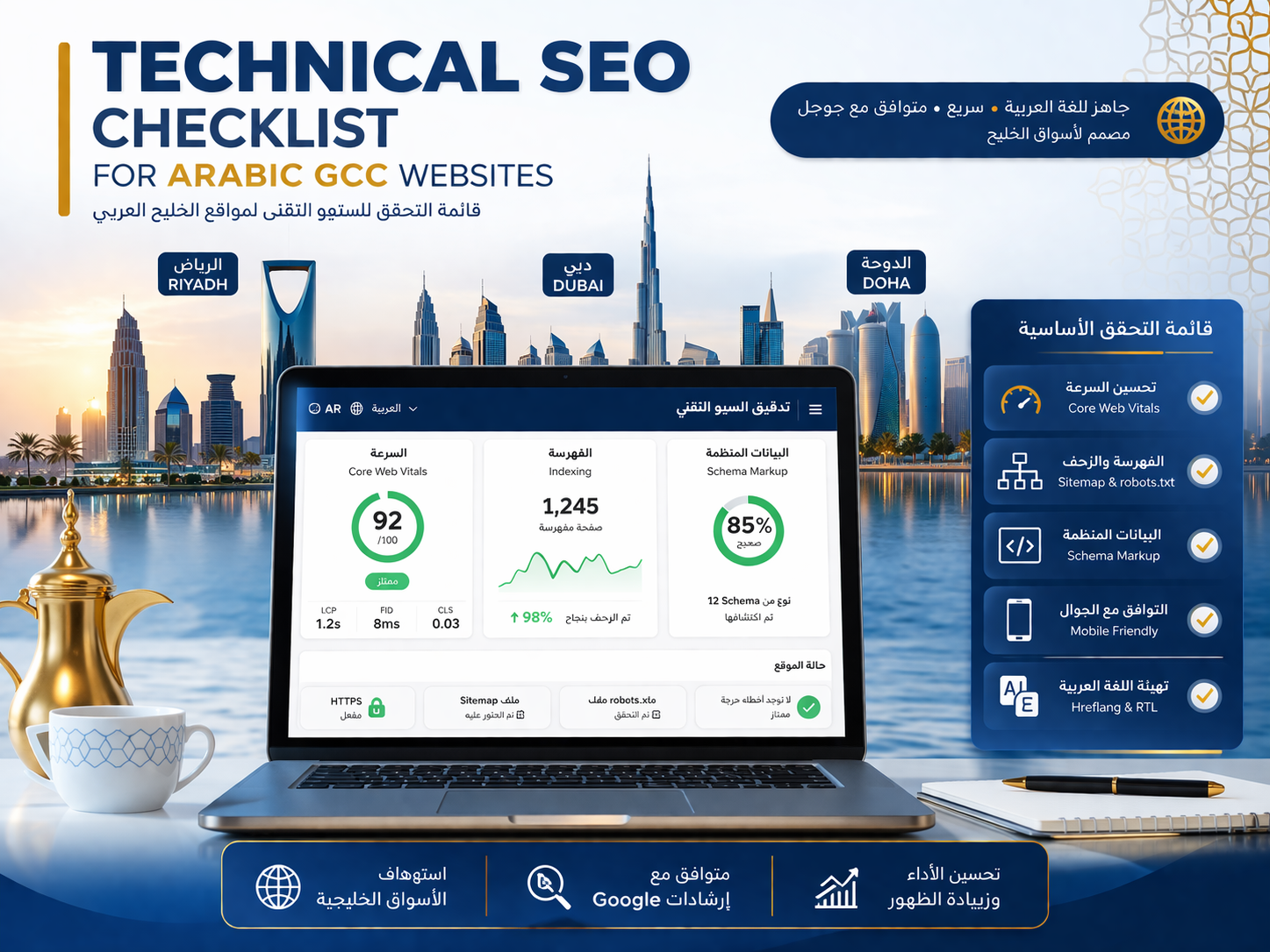 Technical SEO checklist for Arabic GCC websites covering speed indexing and schema