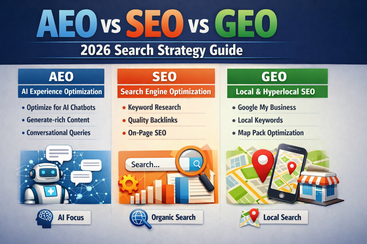 AEO vs SEO vs GEO comparison for 2026 search strategy