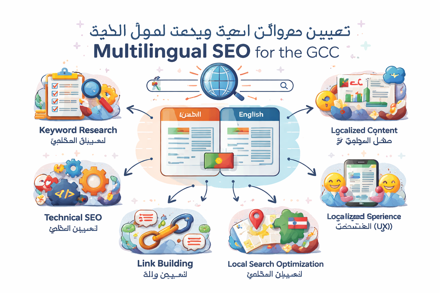 Multilingual SEO for GCC showing Arabic English site structure for Saudi UAE and Qatar Placement: Above Introduction
