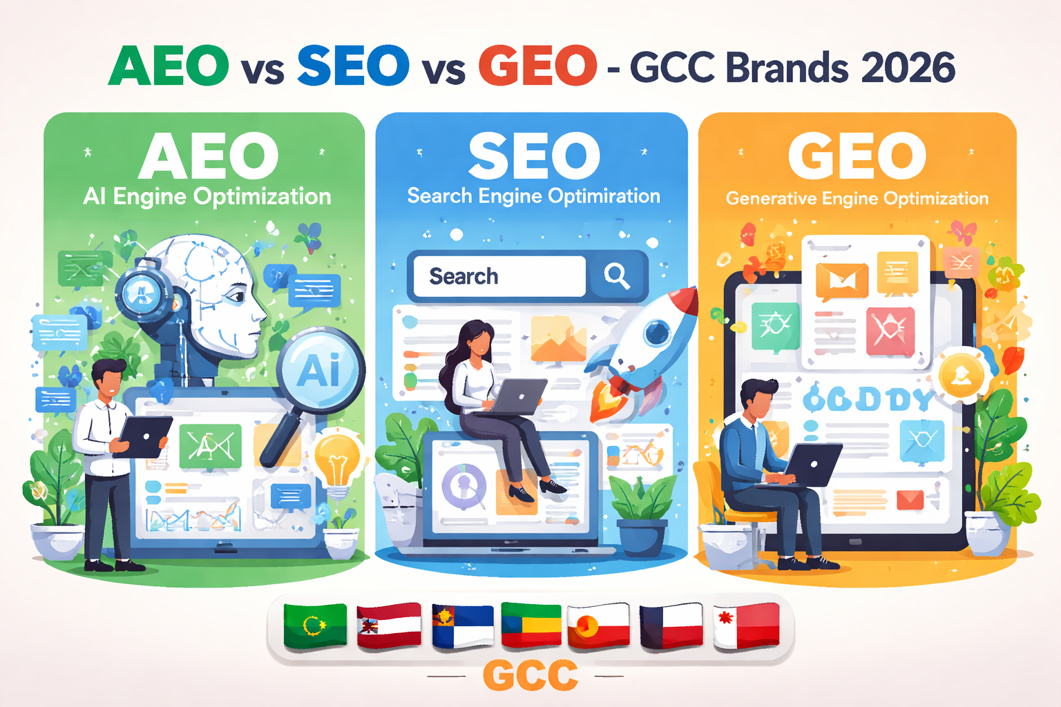 AEO vs SEO vs GEO for GCC brands in Saudi UAE and Qatar