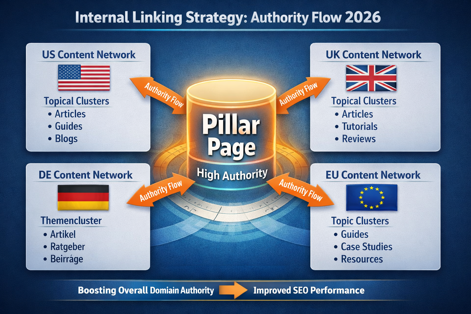 Internal linking strategy showing authority flow across US, UK, Germany, and EU website sections