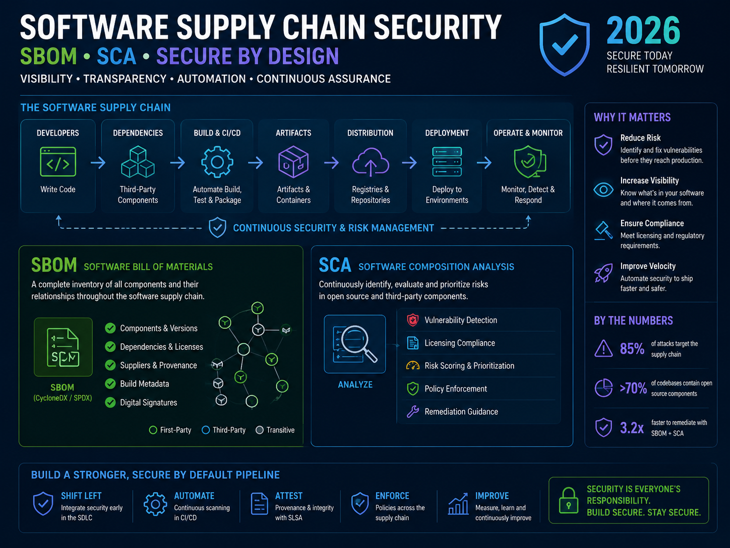 Software supply chain security dashboard showing SBOM, SCA, dependencies, and CI/CD gates