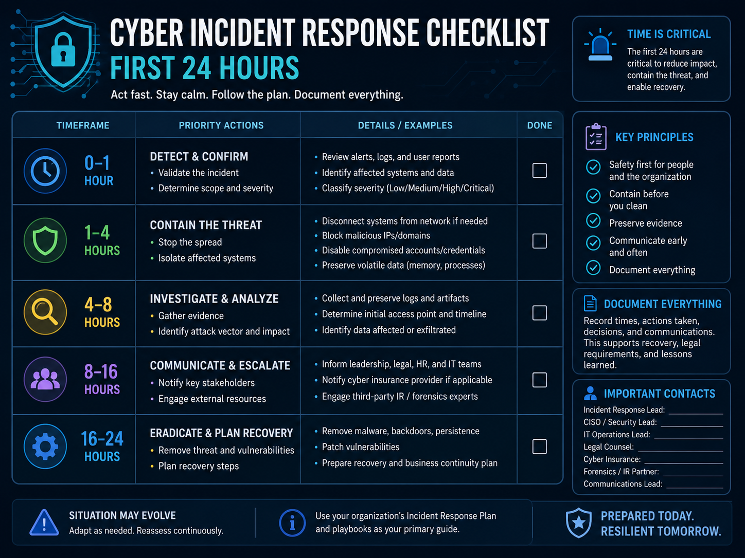Cyber incident response checklist for the first 24 hours of breach containment