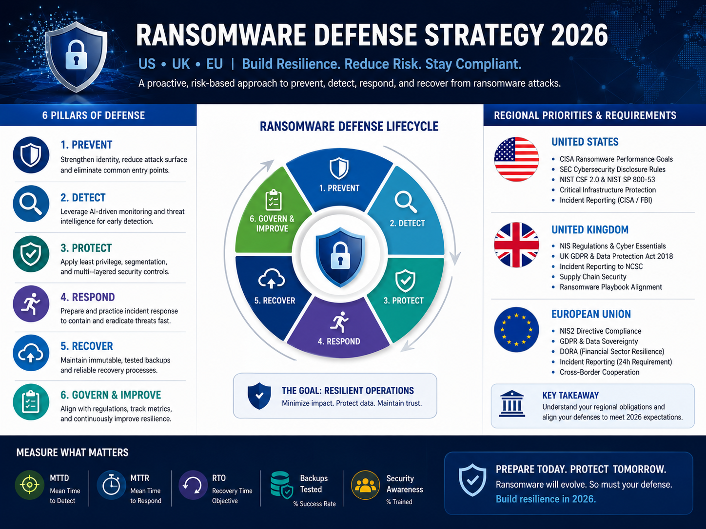 Ransomware defense strategy dashboard for USA, UK, Germany and EU teams