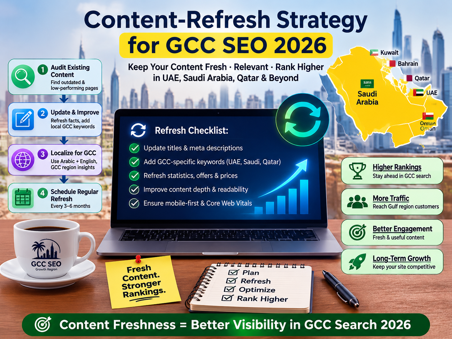 Content refresh strategy workflow for GCC SEO in Saudi Arabia, UAE and Qatar