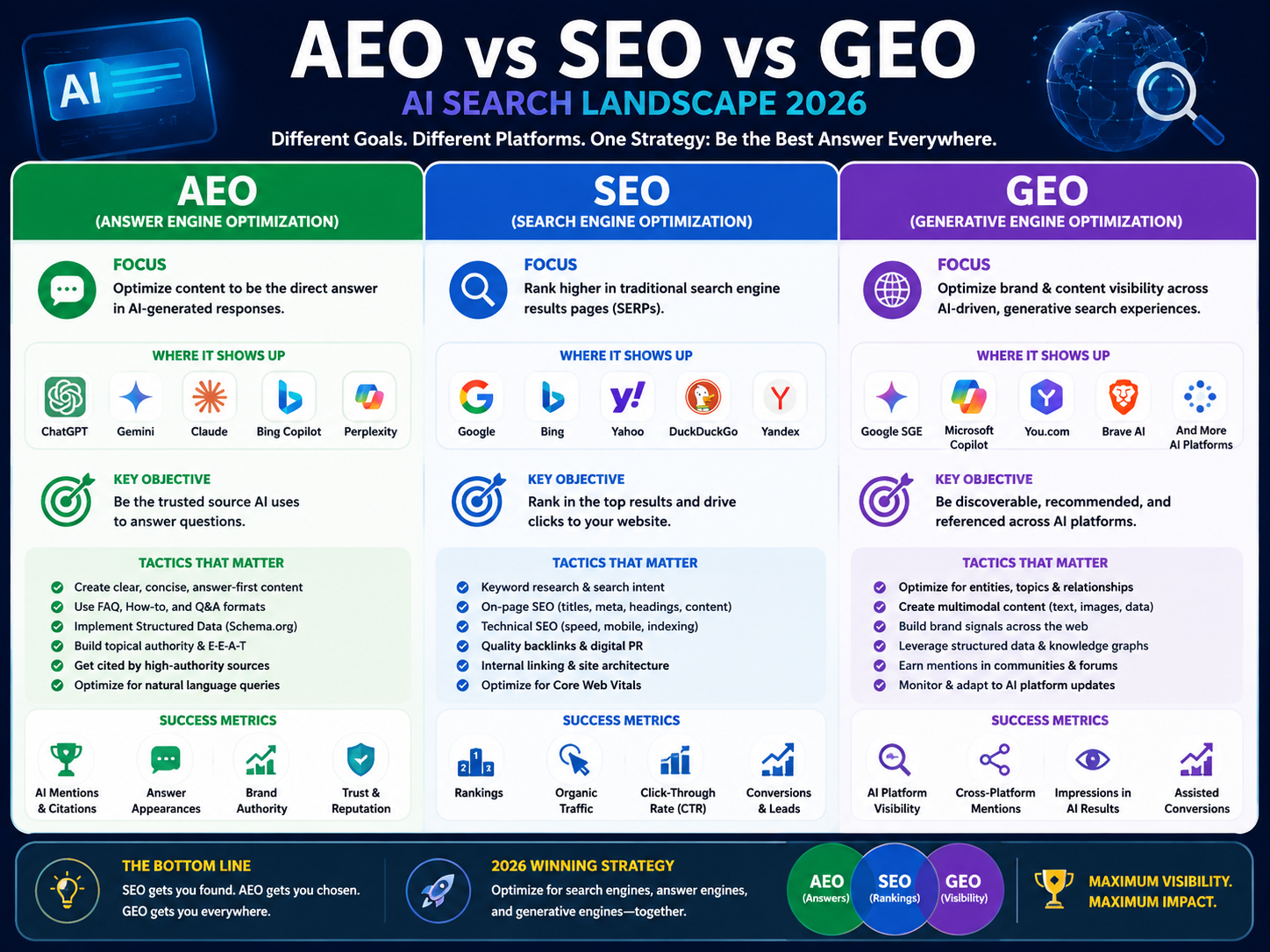 AEO vs SEO vs GEO comparison for AI search visibility in 2026