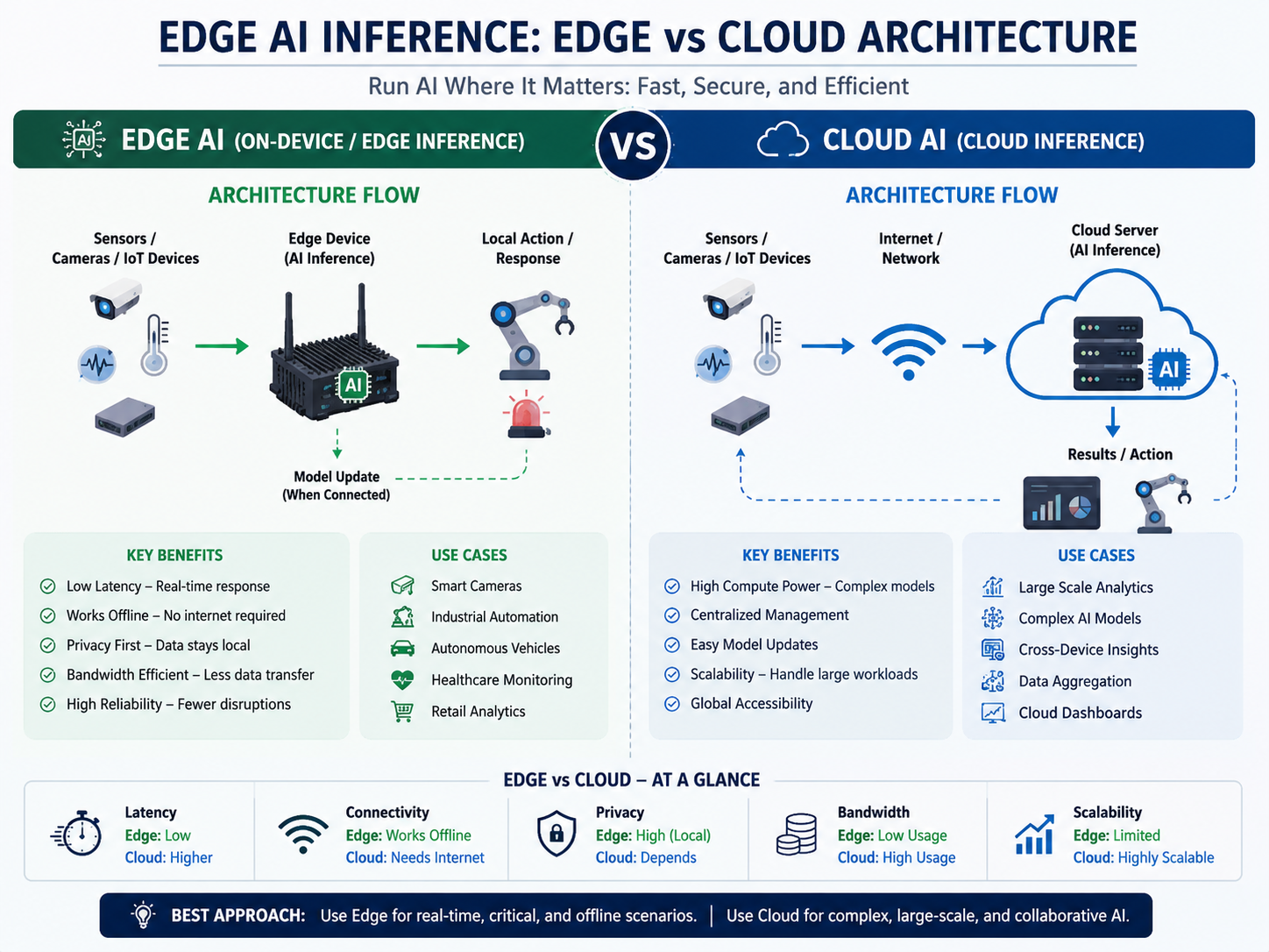 Edge AI inference architecture comparing on-device, edge server and cloud processing