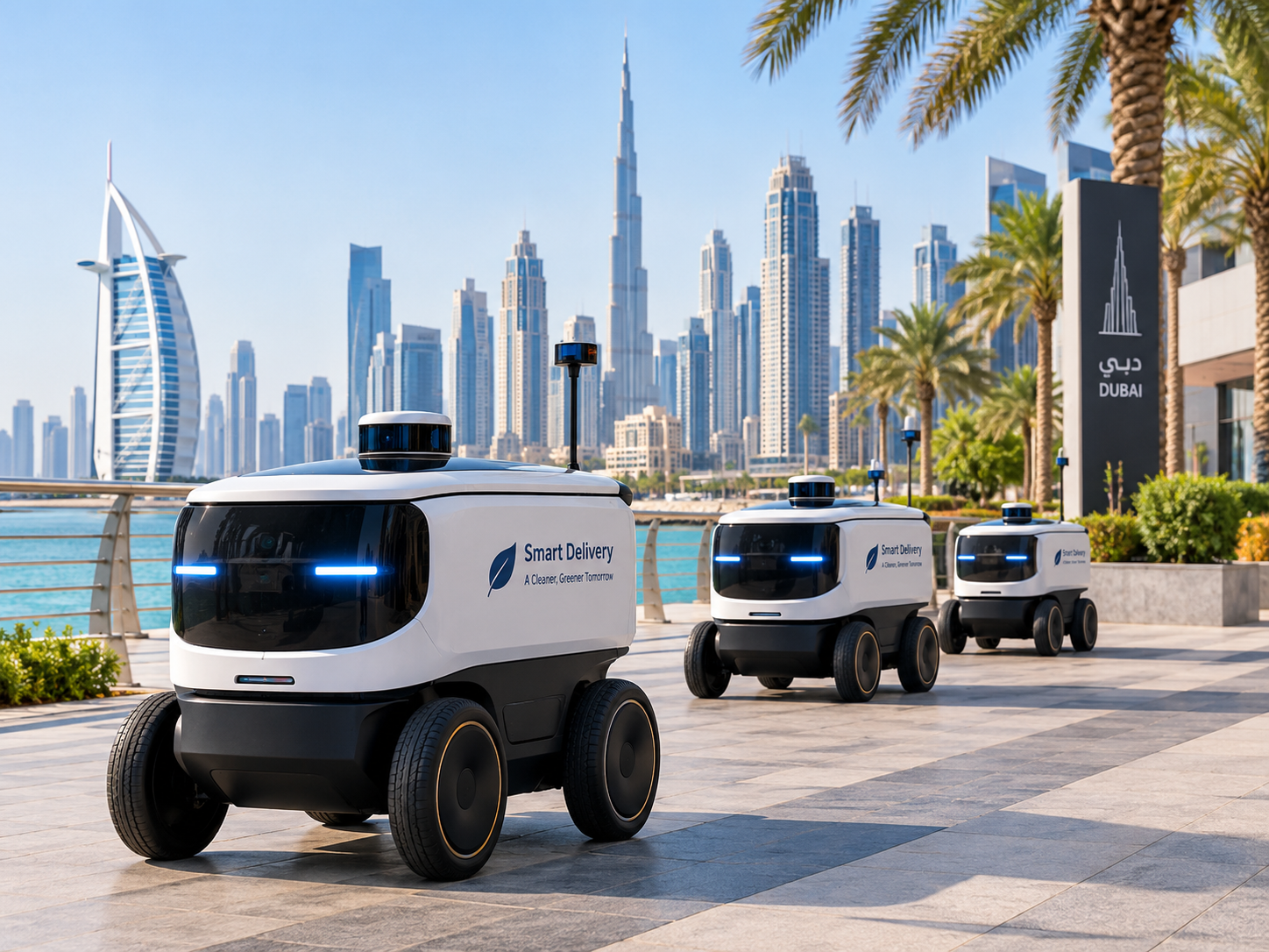 Autonomous delivery robots operating in Gulf cities including Riyadh, Dubai and Doha