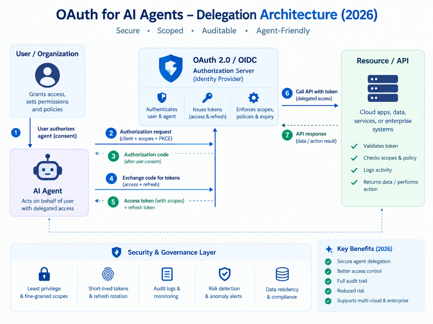 OAuth for AI agents architecture showing user, agent, authorization server, API and MCP server