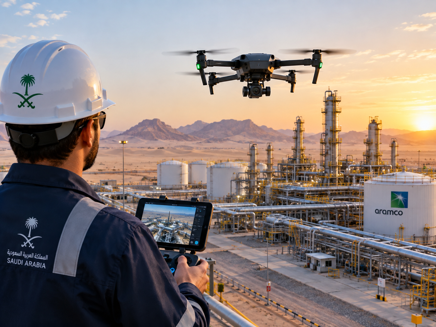 Drone inspection for oil and gas at a Saudi Arabian refinery and storage-tank facility