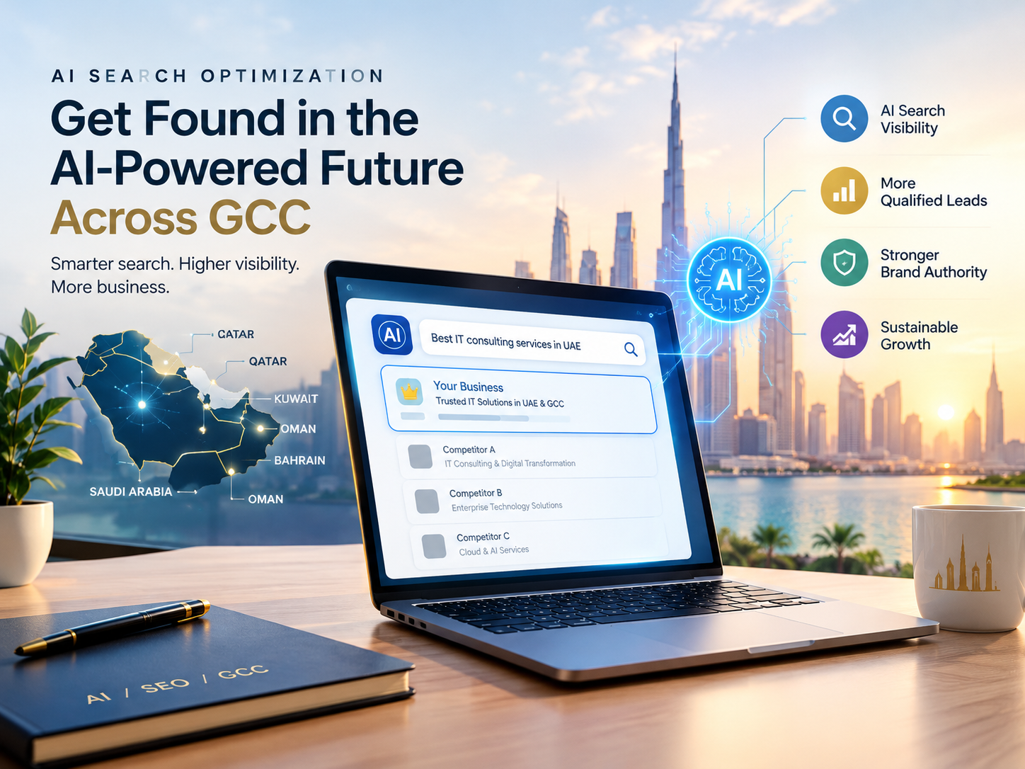AI Search Optimization GCC showing business visibility across Saudi Arabia, UAE and Qatar.