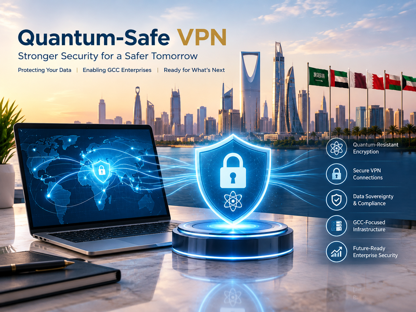 Quantum-Safe VPN securing enterprise connections across Saudi Arabia, UAE and Qatar.