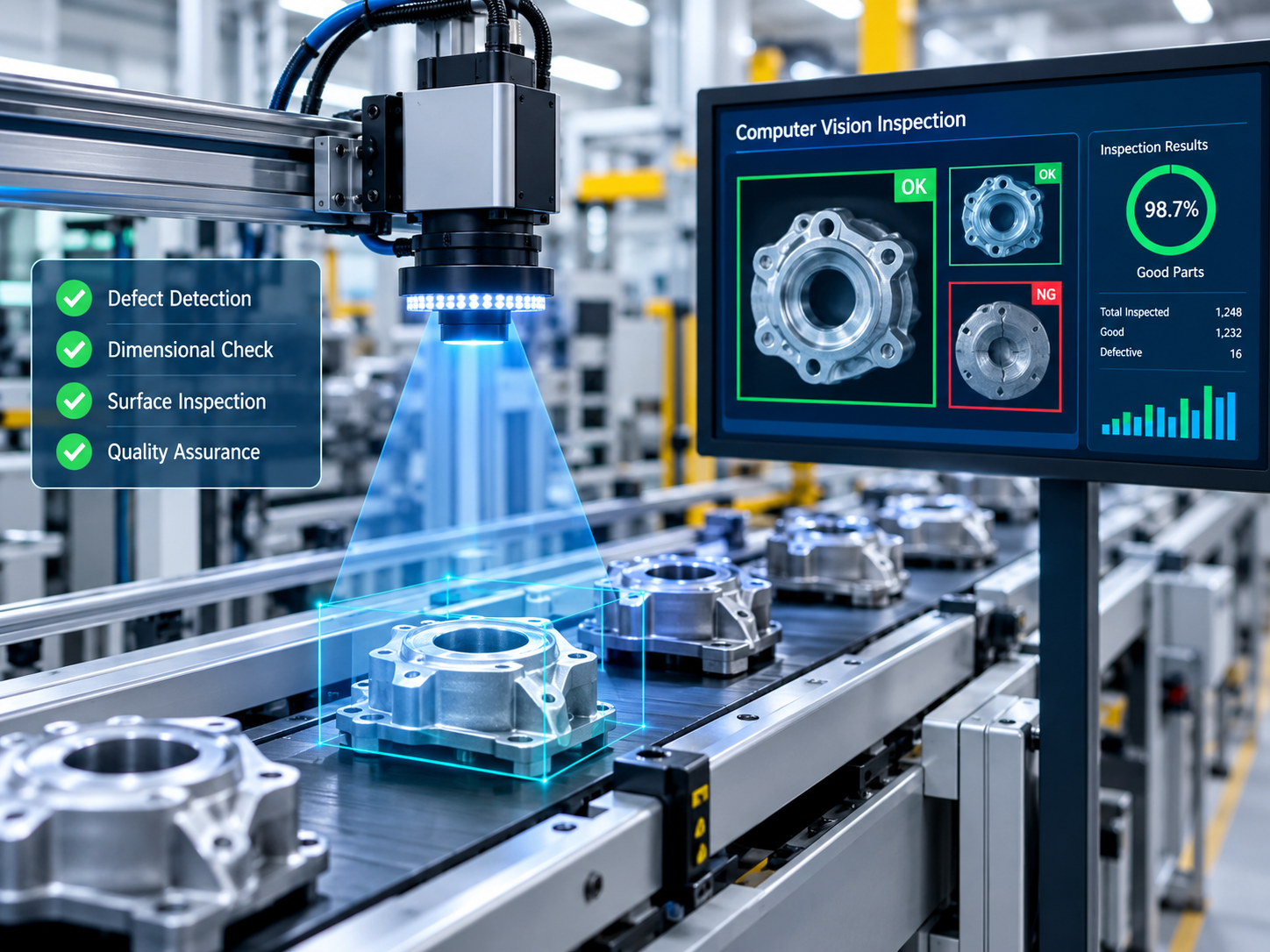 Computer vision for quality control inspecting industrial components on an automated production line.