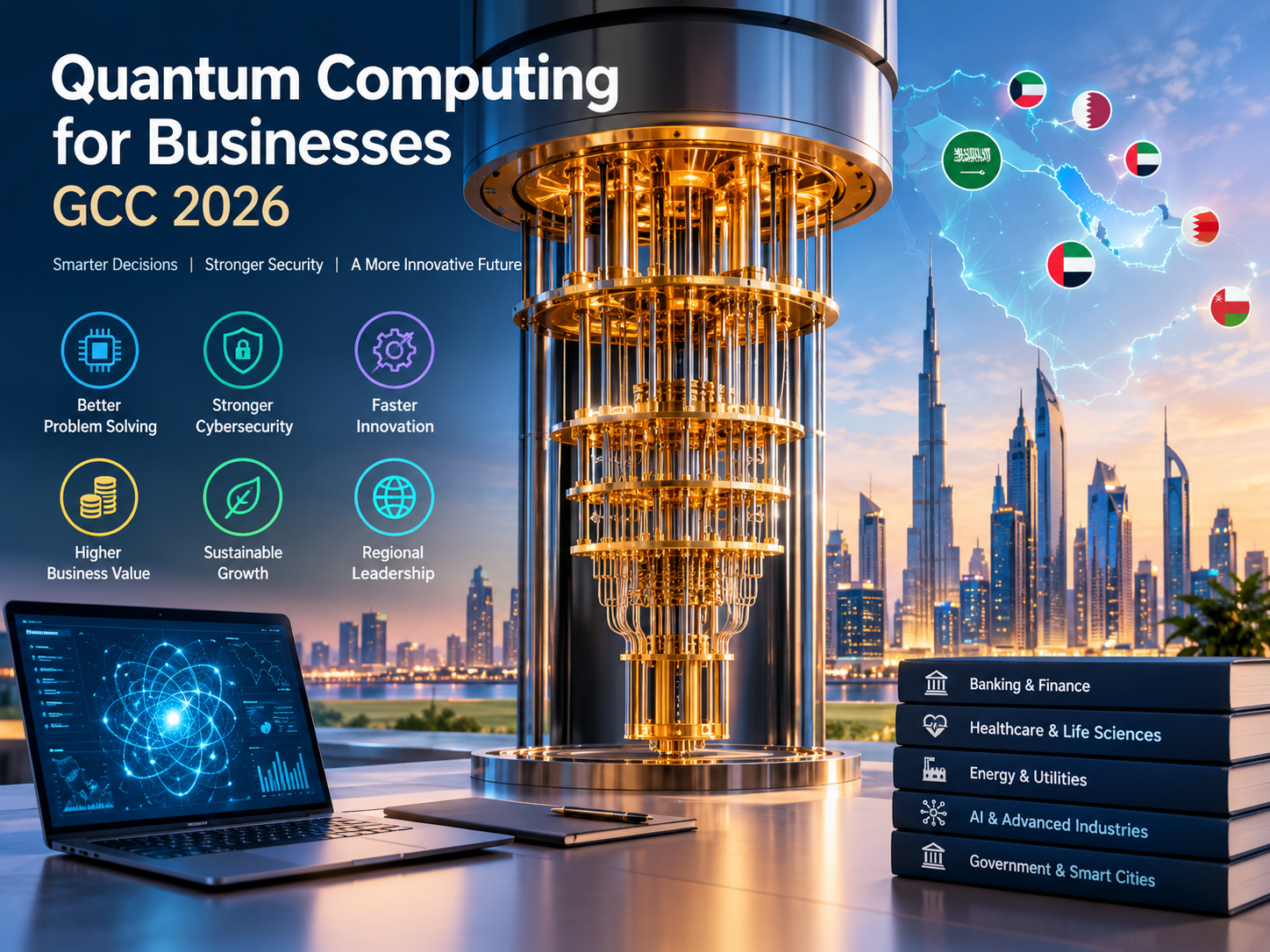 Quantum computing for businesses in Saudi Arabia, UAE and Qatar with futuristic digital technology.