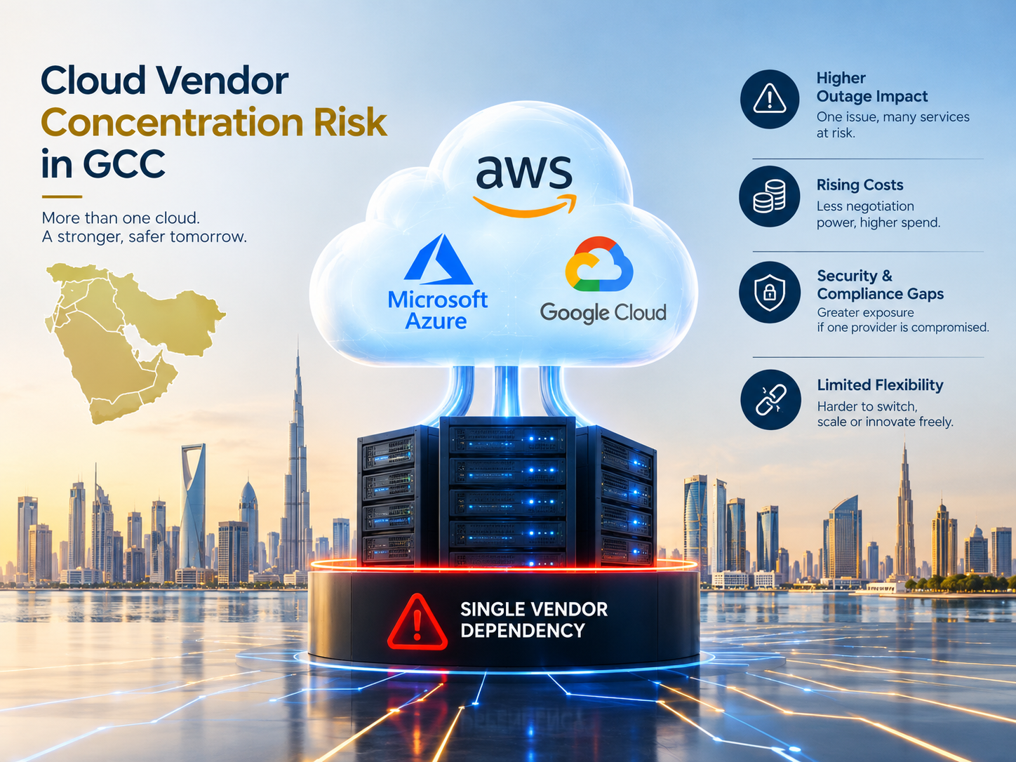Cloud vendor concentration risk affecting enterprise cybersecurity across Saudi Arabia, UAE and Qatar.