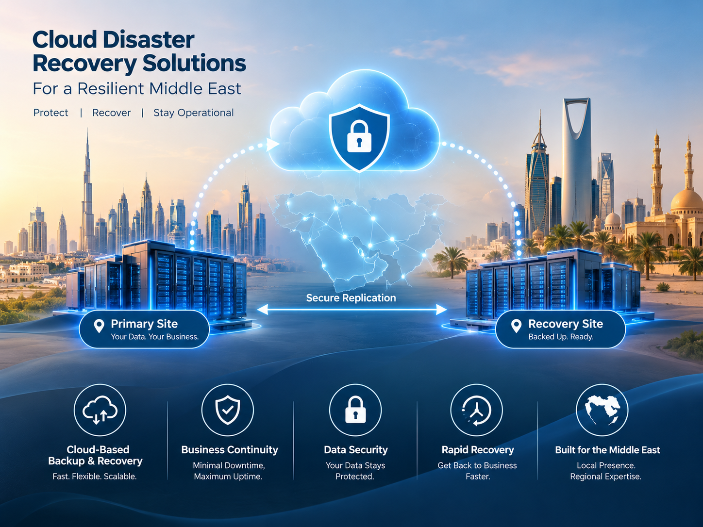 Cloud disaster recovery solutions in the Middle East showing redundant infrastructure and failover architecture.