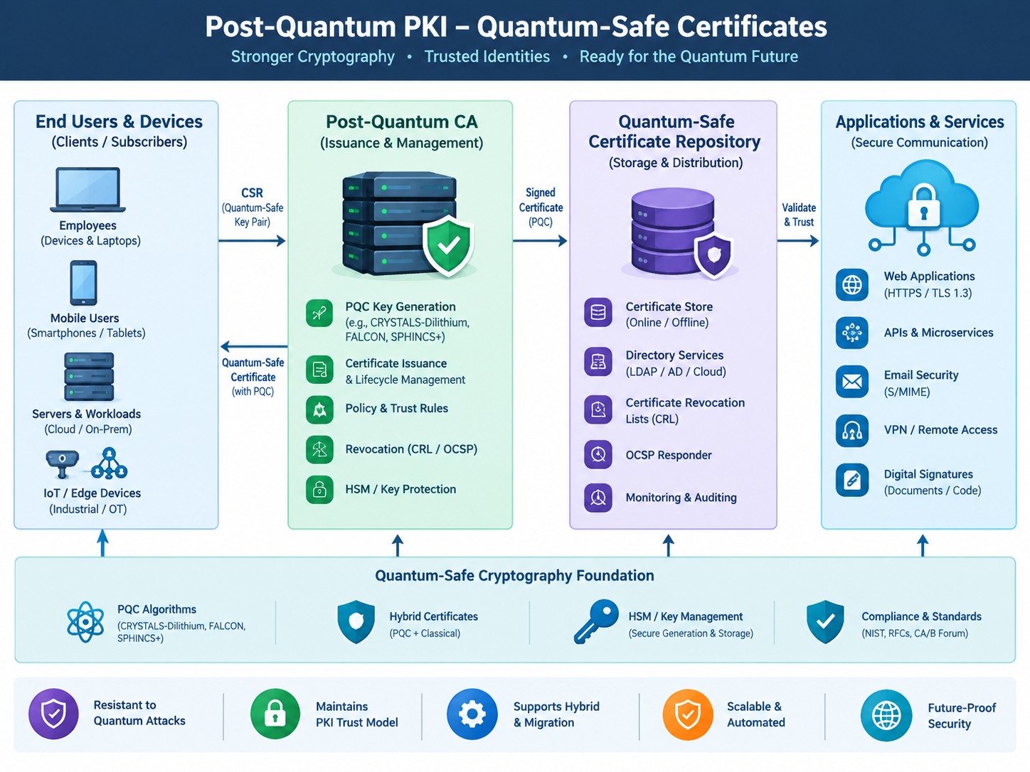 Post-quantum PKI architecture for quantum-safe certificates and trust chains