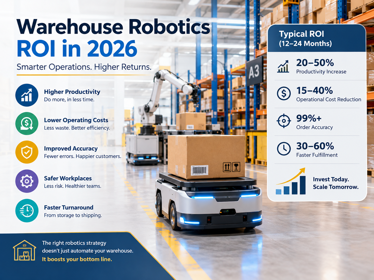 Warehouse robotics ROI with autonomous mobile robots improving order fulfillment efficiency.