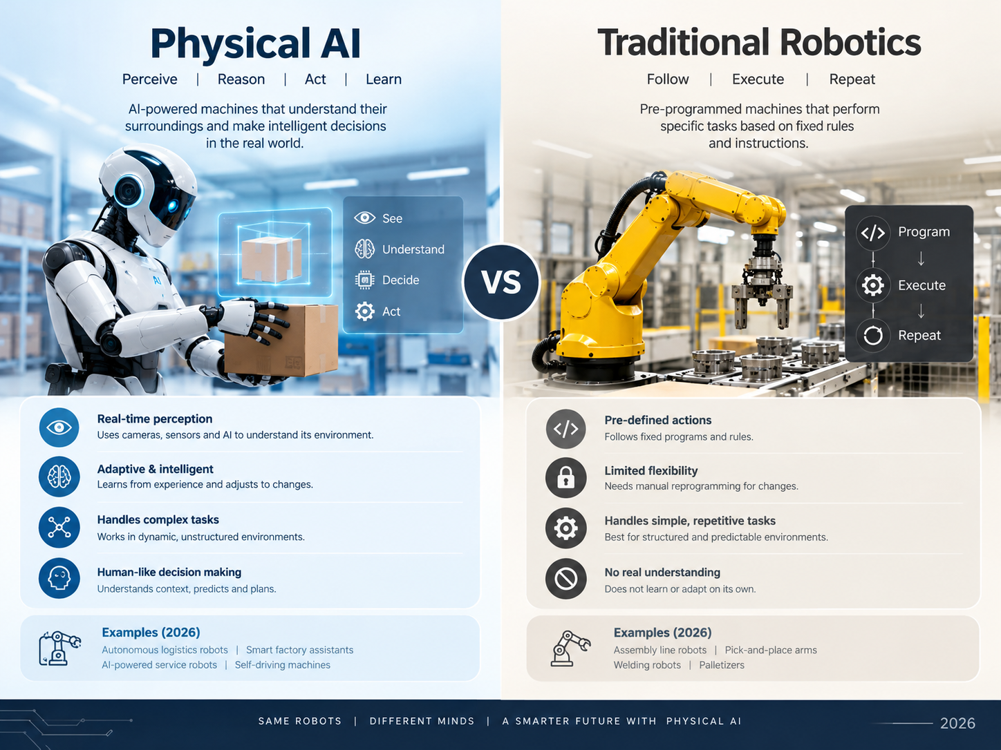 Physical AI vs traditional robotics in a modern automotive manufacturing facility.