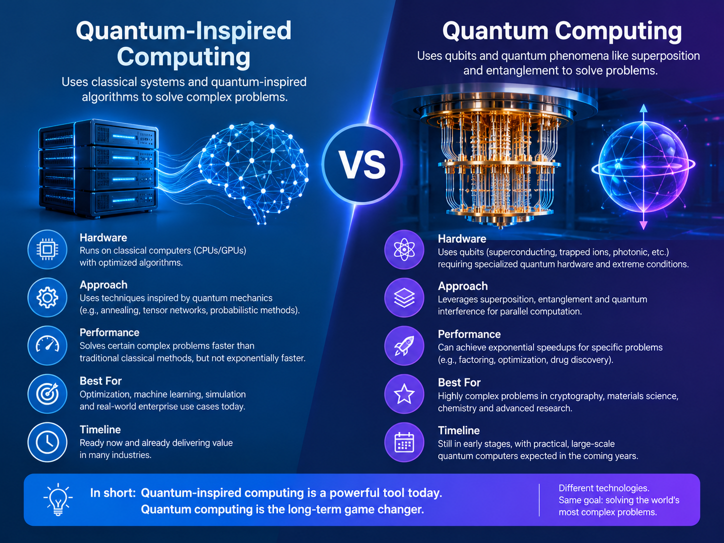 Quantum-inspired computing vs quantum computing showing classical processors and quantum hardware.